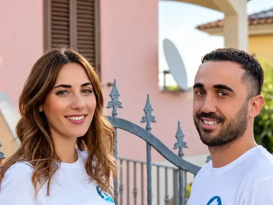 Due persone del team Sweet Holidays davanti a una casa